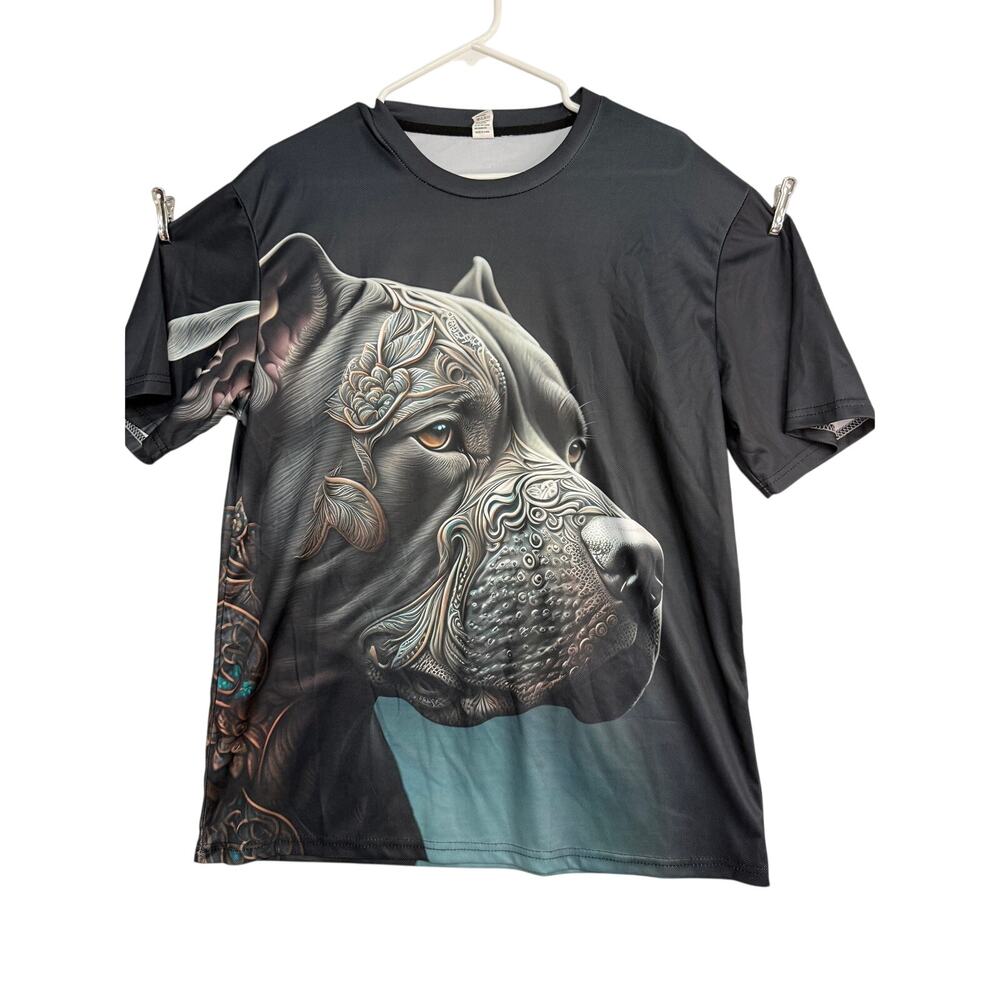 Pit Bull Dog Graphic T-Shirt Men’s L Black Tattoo Style 3D Art